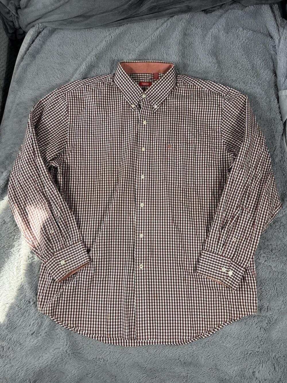 IZOD Shirt Mens XL Brown Gingham Check Long Sleeve Button Down Casual Woven